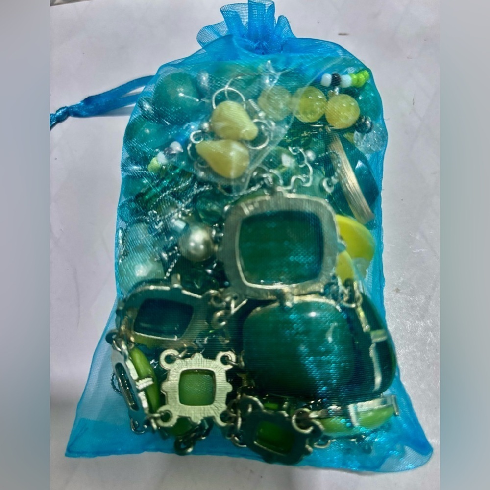 Green and Yellow surprise Mystery Jewelry bag Vintage Modern jewelry 10/12 piece